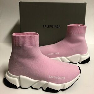 Balenciaga Speed Trainers Pink Black White Women Size 6 NDS BTS Sock Sneakers